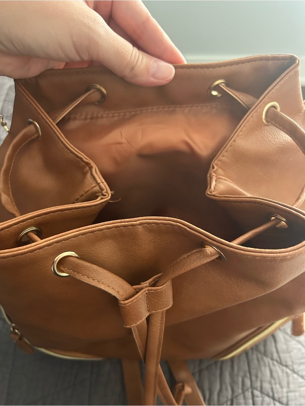 Classic Tan Drawstring Bucket Backpack - Picture 3 of 3